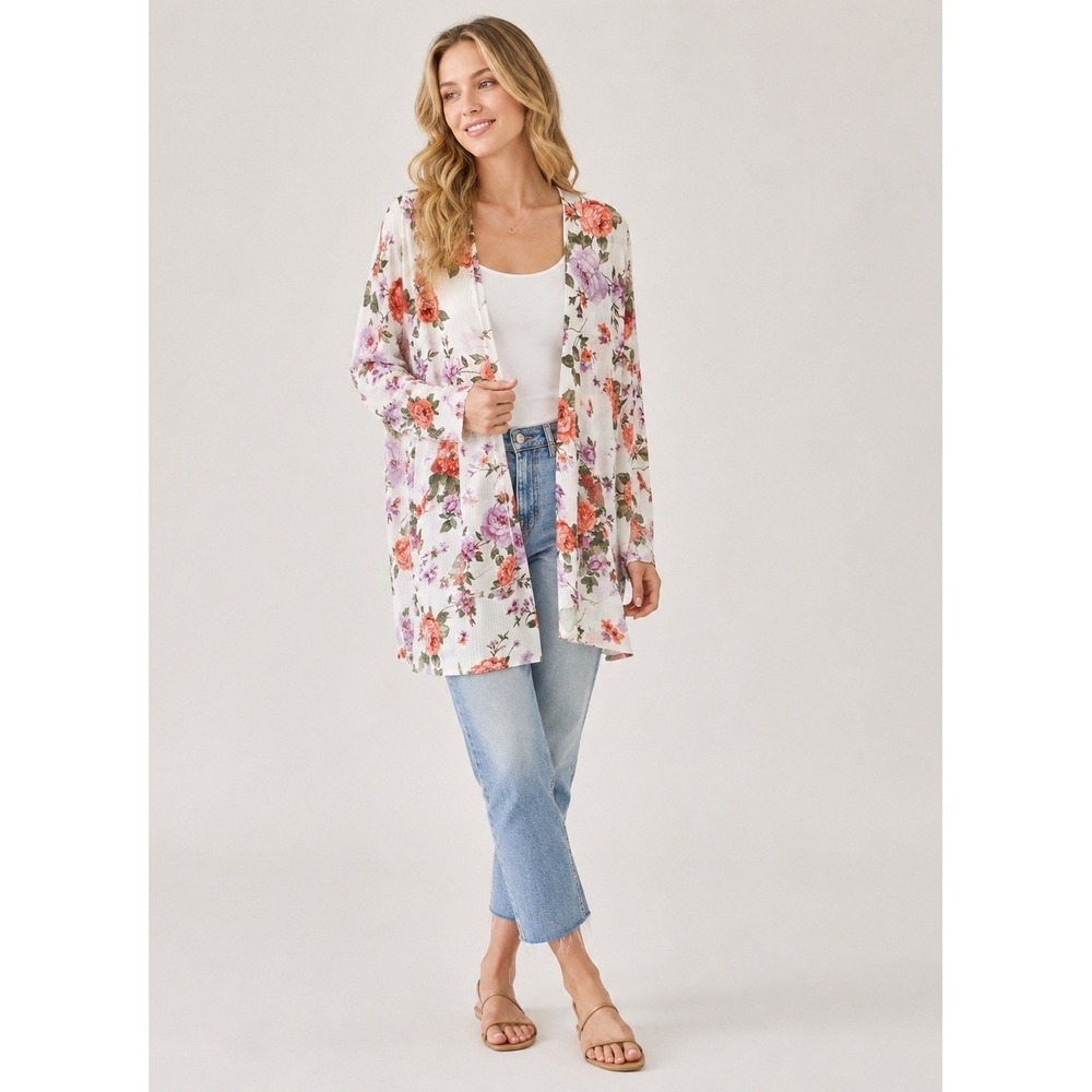 Emory Park Caley Kimono Womens plus 2XL White Sheer Floral S/S NEW